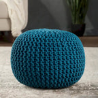Pouf rond en tricot épais en coton bleu / gris / rose, style bohème, pour 1 personne