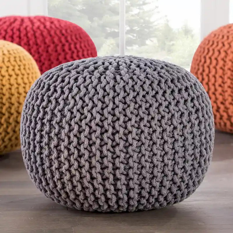 Pouf rond en tricot épais en coton bleu / gris / rose, style bohème, pour 1 personne