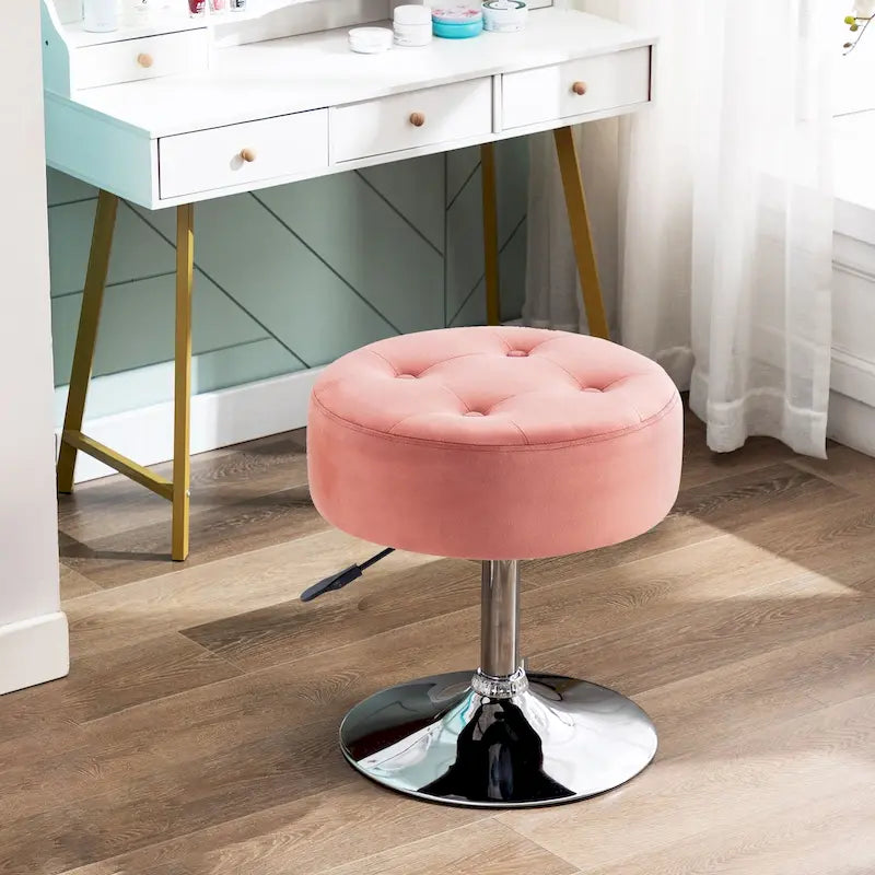 Tabouret de coiffeuse pivotant marron/rose/noir avec siège capitonné et hauteur réglable, pour 1 personne