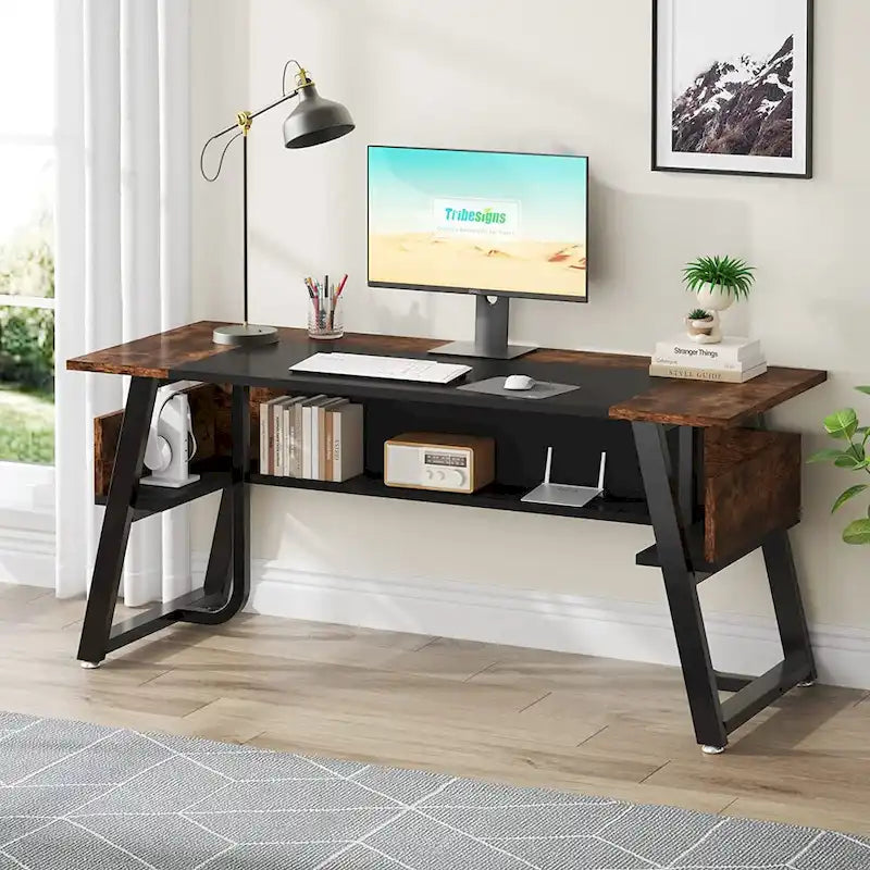 Bureau informatique 63" noir/blanc/gris avec étagère de rangement, style moderne, pour 1 personne
