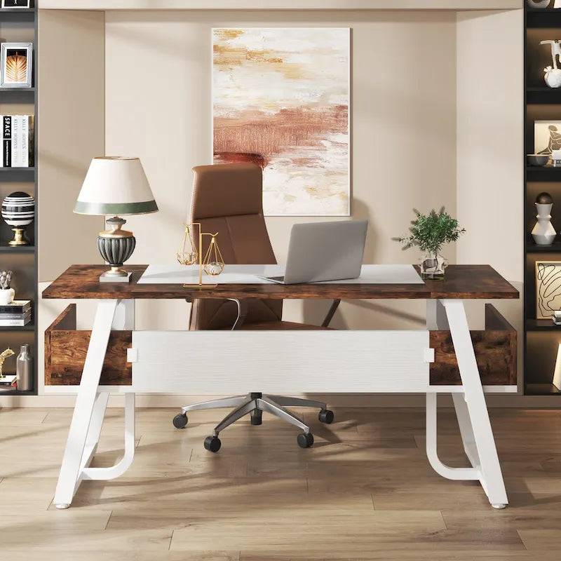 Bureau informatique 63" noir/blanc/gris avec étagère de rangement, style moderne, pour 1 personne