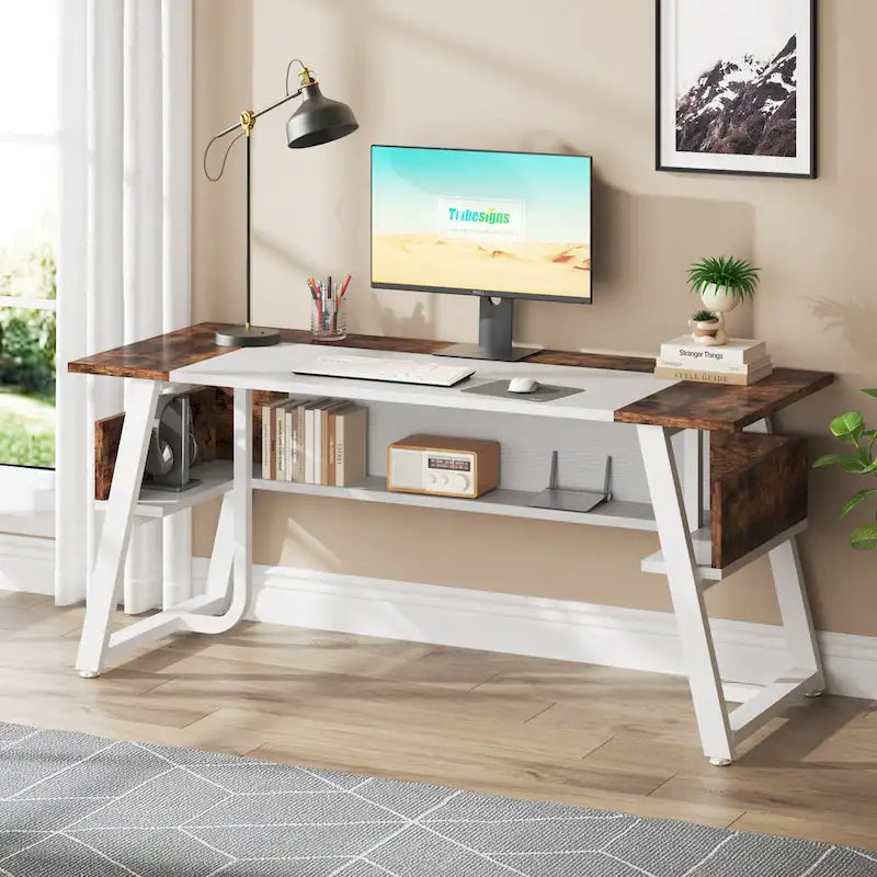 Bureau informatique 63" noir/blanc/gris avec étagère de rangement, style moderne, pour 1 personne
