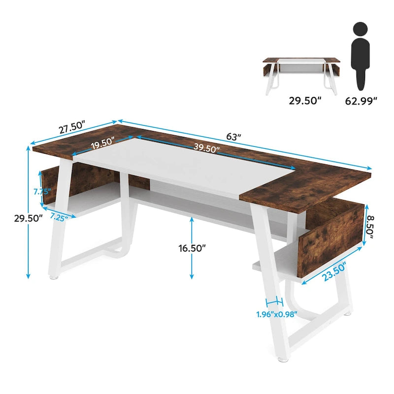 Bureau informatique 63" noir/blanc/gris avec étagère de rangement, style moderne, pour 1 personne
