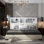 Tête de lit bibliothèque White Queen avec lumières LED RVB, 3 compartiments de rangement et étagères réglables, avec ou sans prise de courant