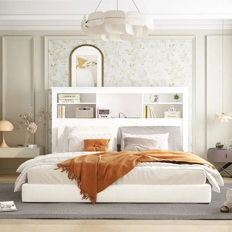 Tête de lit bibliothèque White Queen avec lumières LED RVB, 3 compartiments de rangement et étagères réglables, avec ou sans prise de courant