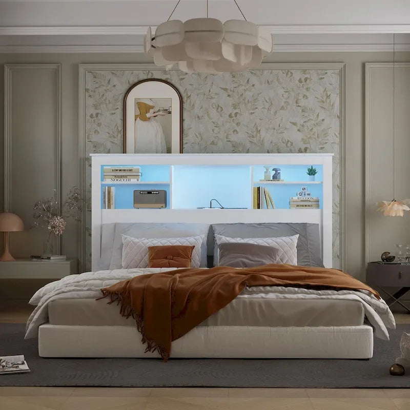 Tête de lit bibliothèque White Queen avec lumières LED RVB, 3 compartiments de rangement et étagères réglables, avec ou sans prise de courant