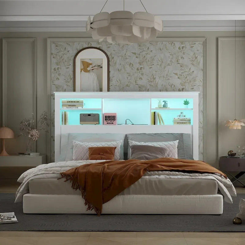 Tête de lit bibliothèque White Queen avec lumières LED RVB, 3 compartiments de rangement et étagères réglables, avec ou sans prise de courant