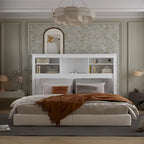 Tête de lit bibliothèque White Queen avec lumières LED RVB, 3 compartiments de rangement et étagères réglables, avec ou sans prise de courant