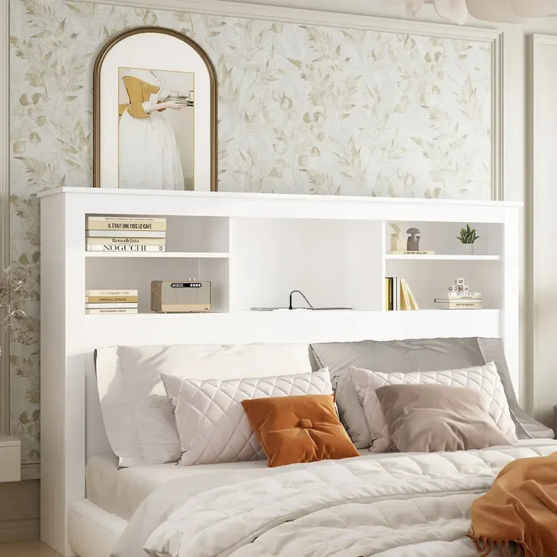 Tête de lit bibliothèque White Queen avec lumières LED RVB, 3 compartiments de rangement et étagères réglables, avec ou sans prise de courant