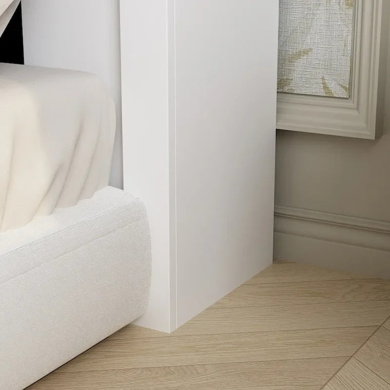 Tête de lit bibliothèque White Queen avec lumières LED RVB, 3 compartiments de rangement et étagères réglables, avec ou sans prise de courant