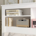 Tête de lit bibliothèque White Queen avec lumières LED RVB, 3 compartiments de rangement et étagères réglables, avec ou sans prise de courant