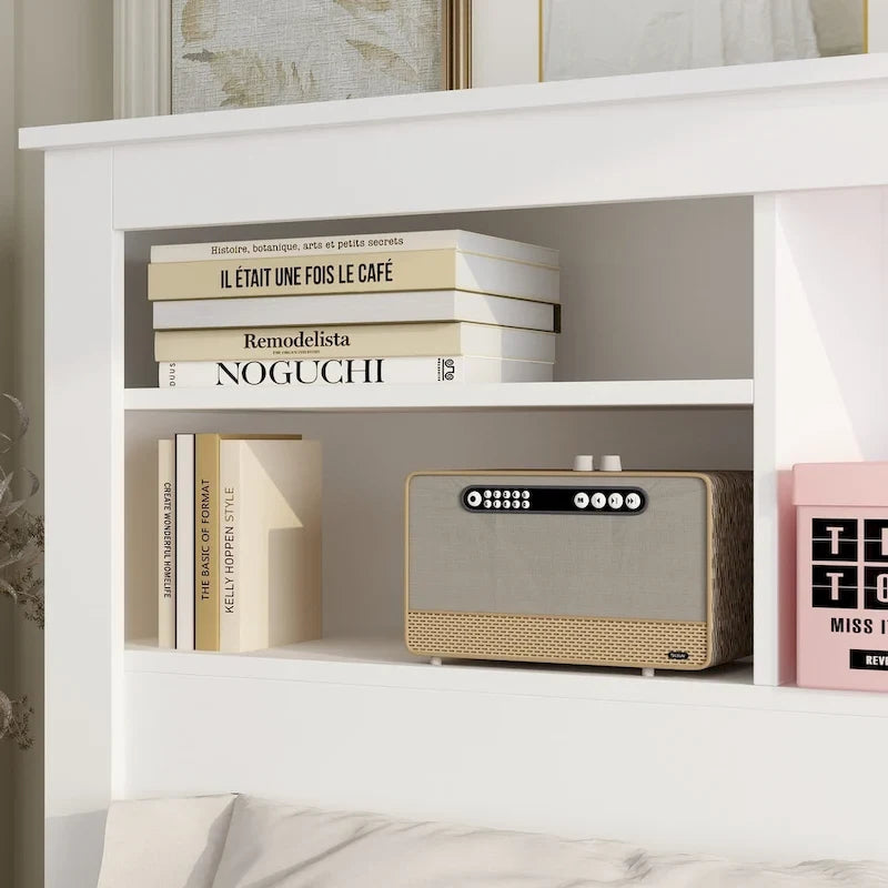 Tête de lit bibliothèque White Queen avec lumières LED RVB, 3 compartiments de rangement et étagères réglables, avec ou sans prise de courant