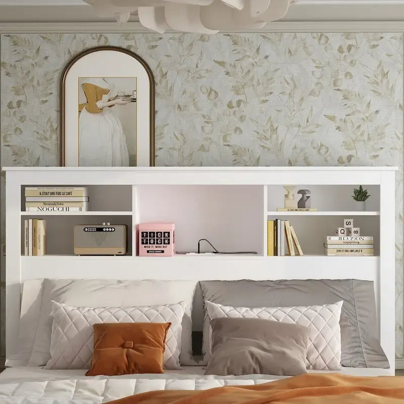 Tête de lit bibliothèque White Queen avec lumières LED RVB, 3 compartiments de rangement et étagères réglables, avec ou sans prise de courant