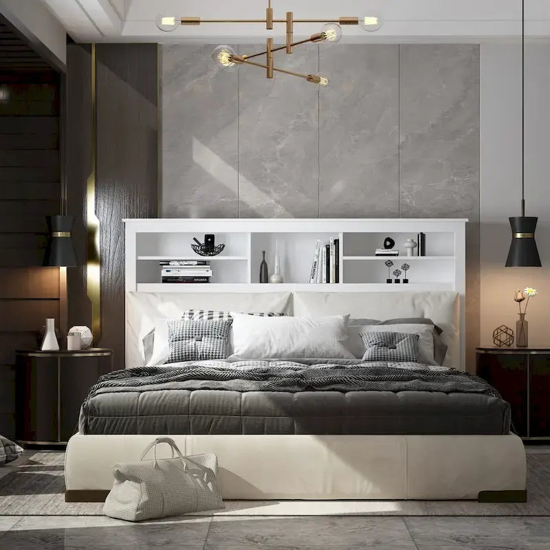 Tête de lit bibliothèque White Queen avec lumières LED RVB, 3 compartiments de rangement et étagères réglables, avec ou sans prise de courant