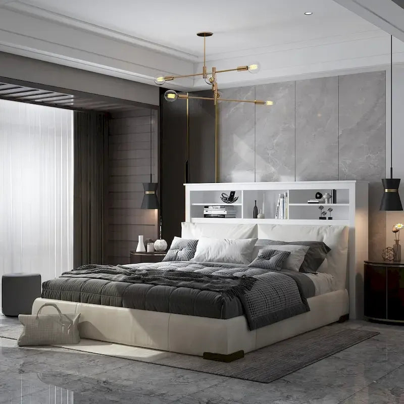 Tête de lit bibliothèque White Queen avec lumières LED RVB, 3 compartiments de rangement et étagères réglables, avec ou sans prise de courant