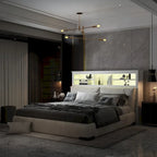 Tête de lit bibliothèque White Queen avec lumières LED RVB, 3 compartiments de rangement et étagères réglables, avec ou sans prise de courant