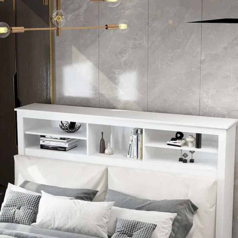 Tête de lit bibliothèque White Queen avec lumières LED RVB, 3 compartiments de rangement et étagères réglables, avec ou sans prise de courant