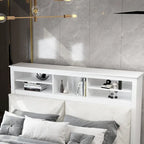 Tête de lit bibliothèque White Queen avec lumières LED RVB, 3 compartiments de rangement et étagères réglables, avec ou sans prise de courant