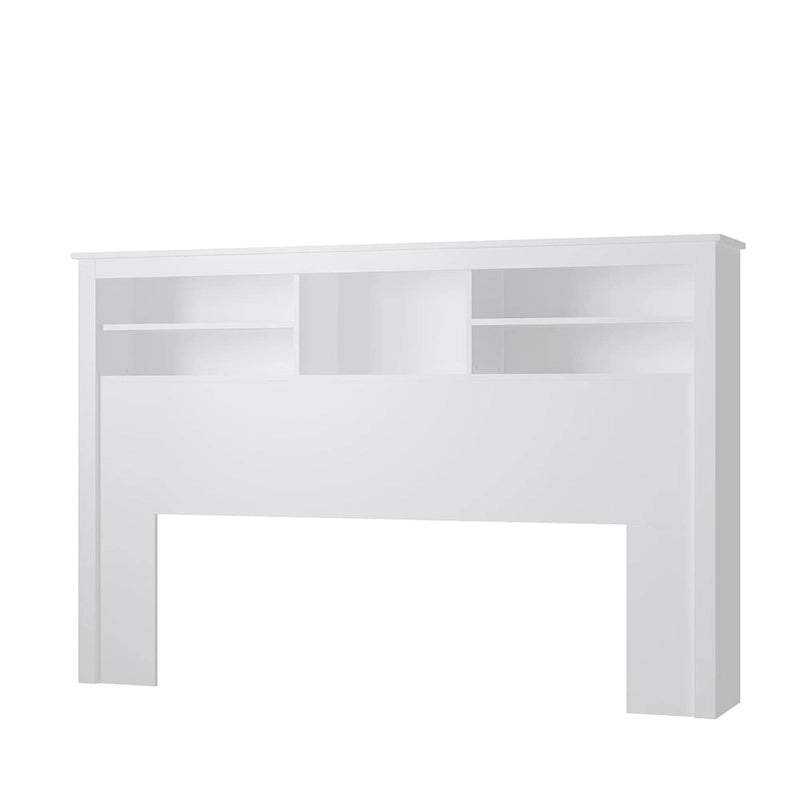 Tête de lit bibliothèque White Queen avec lumières LED RVB, 3 compartiments de rangement et étagères réglables, avec ou sans prise de courant