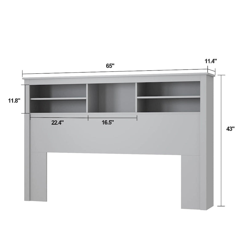 Tête de lit bibliothèque White Queen avec lumières LED RVB, 3 compartiments de rangement et étagères réglables, avec ou sans prise de courant