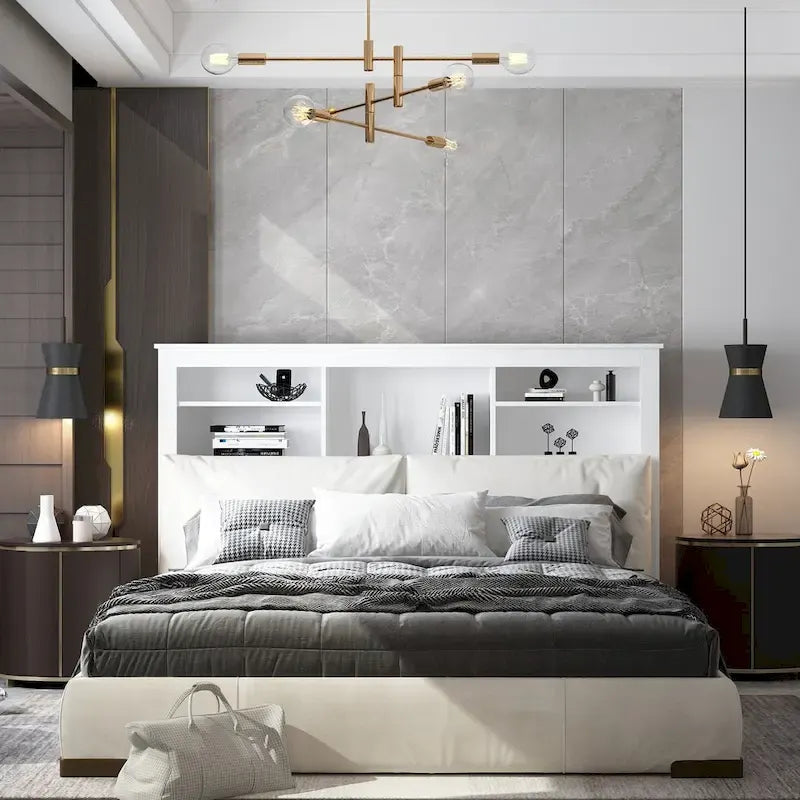 Tête de lit bibliothèque White Queen avec lumières LED RVB, 3 compartiments de rangement et étagères réglables, avec ou sans prise de courant