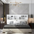 Tête de lit bibliothèque White Queen avec lumières LED RVB, 3 compartiments de rangement et étagères réglables, avec ou sans prise de courant