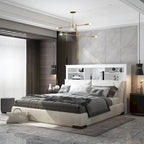 Tête de lit bibliothèque White Queen avec lumières LED RVB, 3 compartiments de rangement et étagères réglables, avec ou sans prise de courant