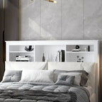 Tête de lit bibliothèque White Queen avec lumières LED RVB, 3 compartiments de rangement et étagères réglables, avec ou sans prise de courant