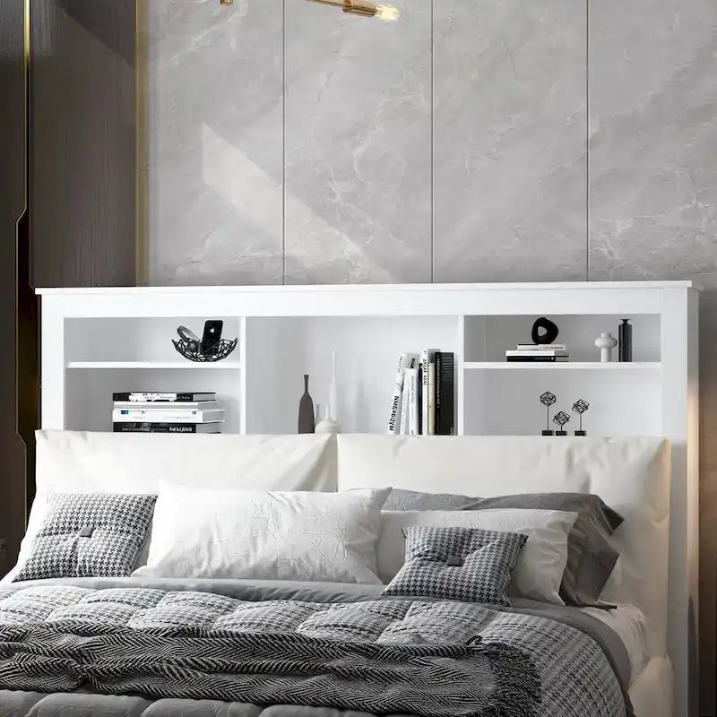 Tête de lit bibliothèque White Queen avec lumières LED RVB, 3 compartiments de rangement et étagères réglables, avec ou sans prise de courant