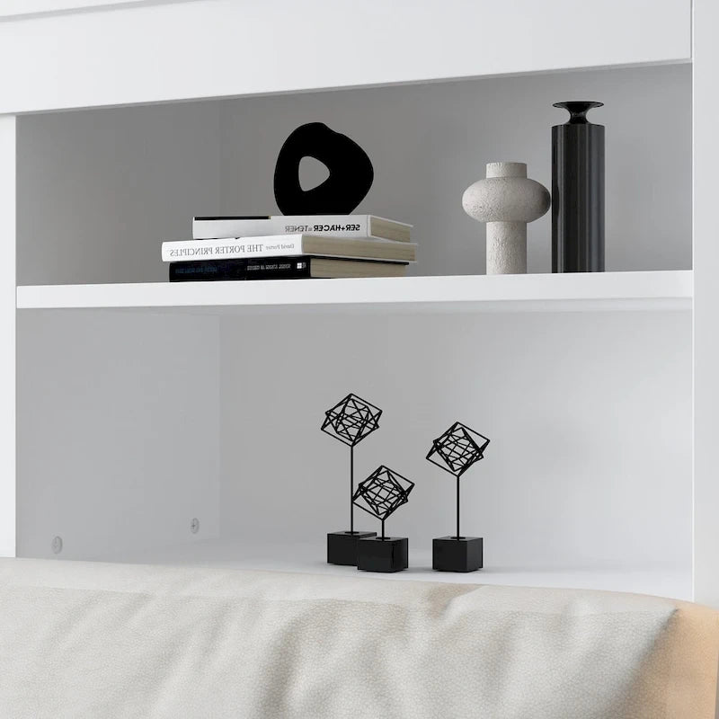 Tête de lit bibliothèque White Queen avec lumières LED RVB, 3 compartiments de rangement et étagères réglables, avec ou sans prise de courant