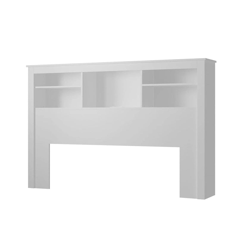 Tête de lit bibliothèque White Queen avec lumières LED RVB, 3 compartiments de rangement et étagères réglables, avec ou sans prise de courant