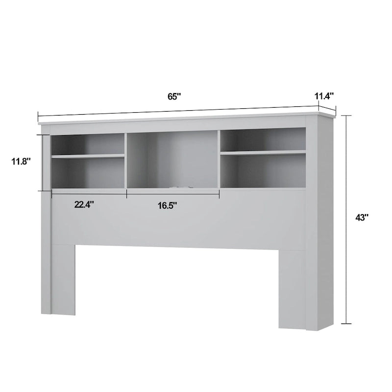 Tête de lit bibliothèque White Queen avec lumières LED RVB, 3 compartiments de rangement et étagères réglables, avec ou sans prise de courant