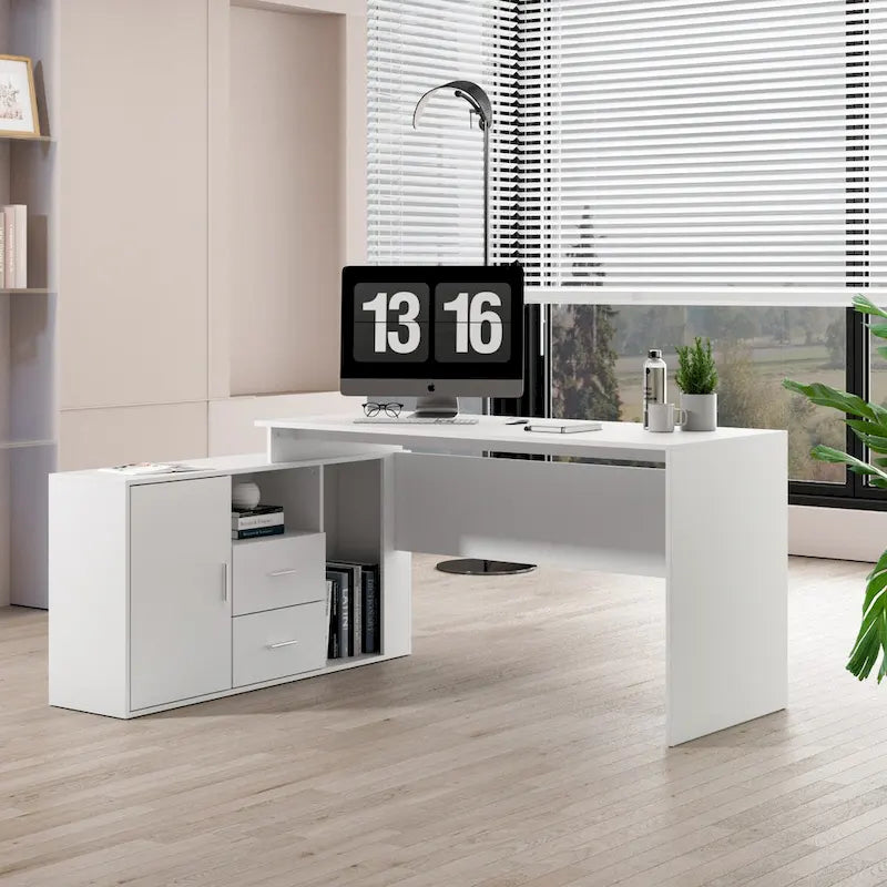 Bureau d'angle en L blanc avec tiroirs et armoire, pour 1 personne