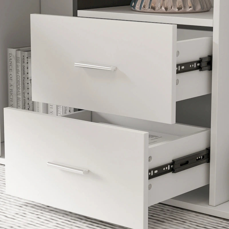 Bureau d'angle en L blanc avec tiroirs et armoire, pour 1 personne