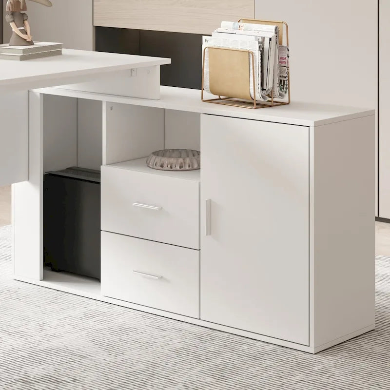 Bureau d'angle en L blanc avec tiroirs et armoire, pour 1 personne