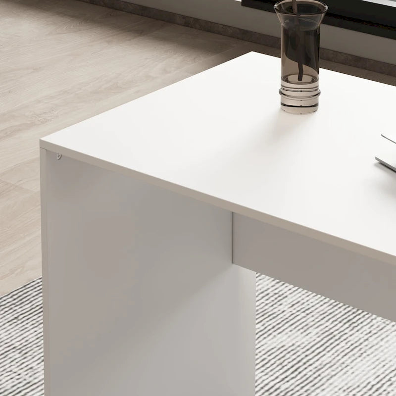 Bureau d'angle en L blanc avec tiroirs et armoire, pour 1 personne