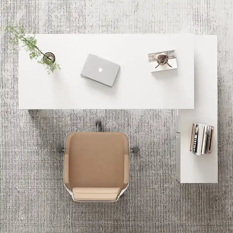 Bureau d'angle en L blanc avec tiroirs et armoire, pour 1 personne