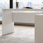 Bureau d'angle en L blanc avec tiroirs et armoire, pour 1 personne