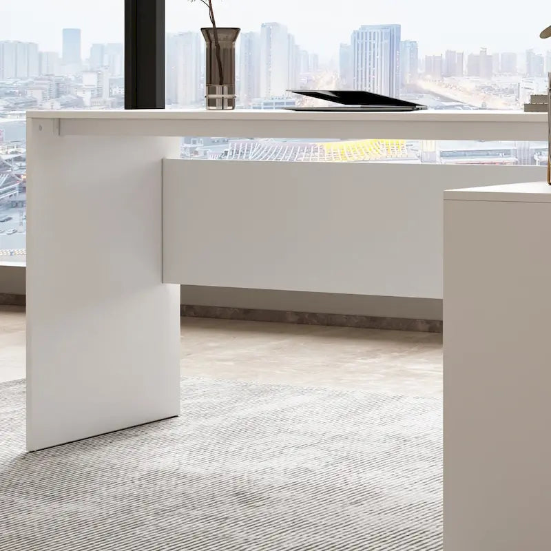 Bureau d'angle en L blanc avec tiroirs et armoire, pour 1 personne