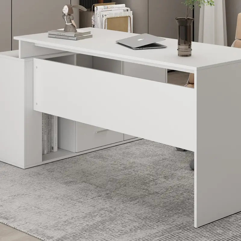 Bureau d'angle en L blanc avec tiroirs et armoire, pour 1 personne