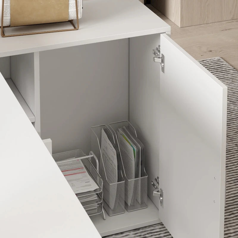 Bureau d'angle en L blanc avec tiroirs et armoire, pour 1 personne