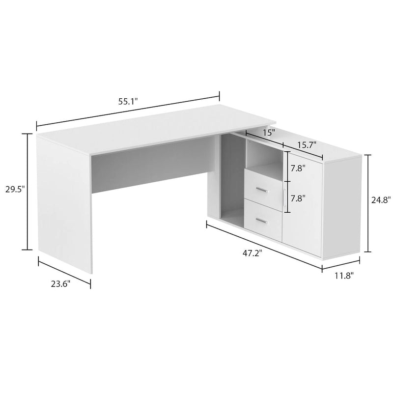Bureau d'angle en L blanc avec tiroirs et armoire, pour 1 personne