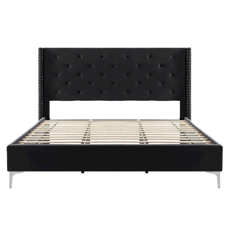 Lit plateforme California King capitonné en velours noir/bleu/gris/beige avec garniture cloutée, pour 2 personnes