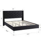 Lit plateforme California King capitonné en velours noir/bleu/gris/beige avec garniture cloutée, pour 2 personnes