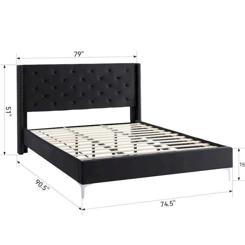 Lit plateforme California King capitonné en velours noir/bleu/gris/beige avec garniture cloutée, pour 2 personnes