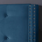 Lit plateforme California King capitonné en velours noir/bleu/gris/beige avec garniture cloutée, pour 2 personnes