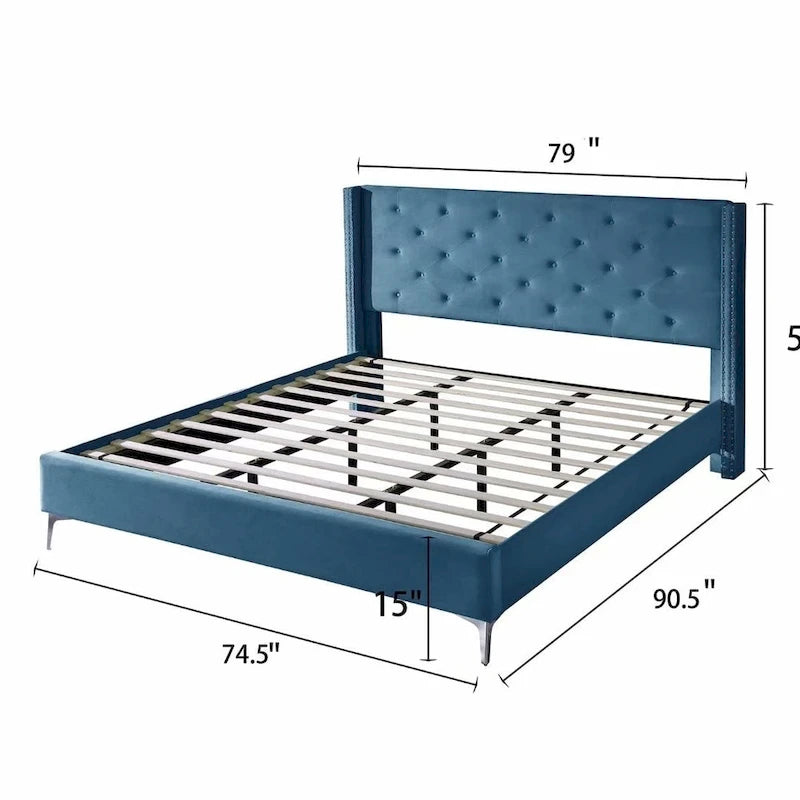 Lit plateforme California King capitonné en velours noir/bleu/gris/beige avec garniture cloutée, pour 2 personnes