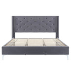 Lit plateforme California King capitonné en velours noir/bleu/gris/beige avec garniture cloutée, pour 2 personnes