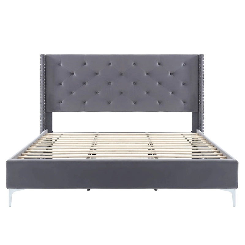 Lit plateforme California King capitonné en velours noir/bleu/gris/beige avec garniture cloutée, pour 2 personnes