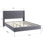 Lit plateforme California King capitonné en velours noir/bleu/gris/beige avec garniture cloutée, pour 2 personnes